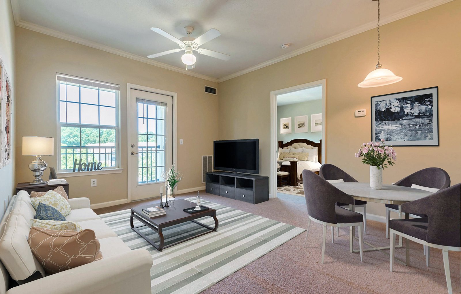 a living room with a couch and a table